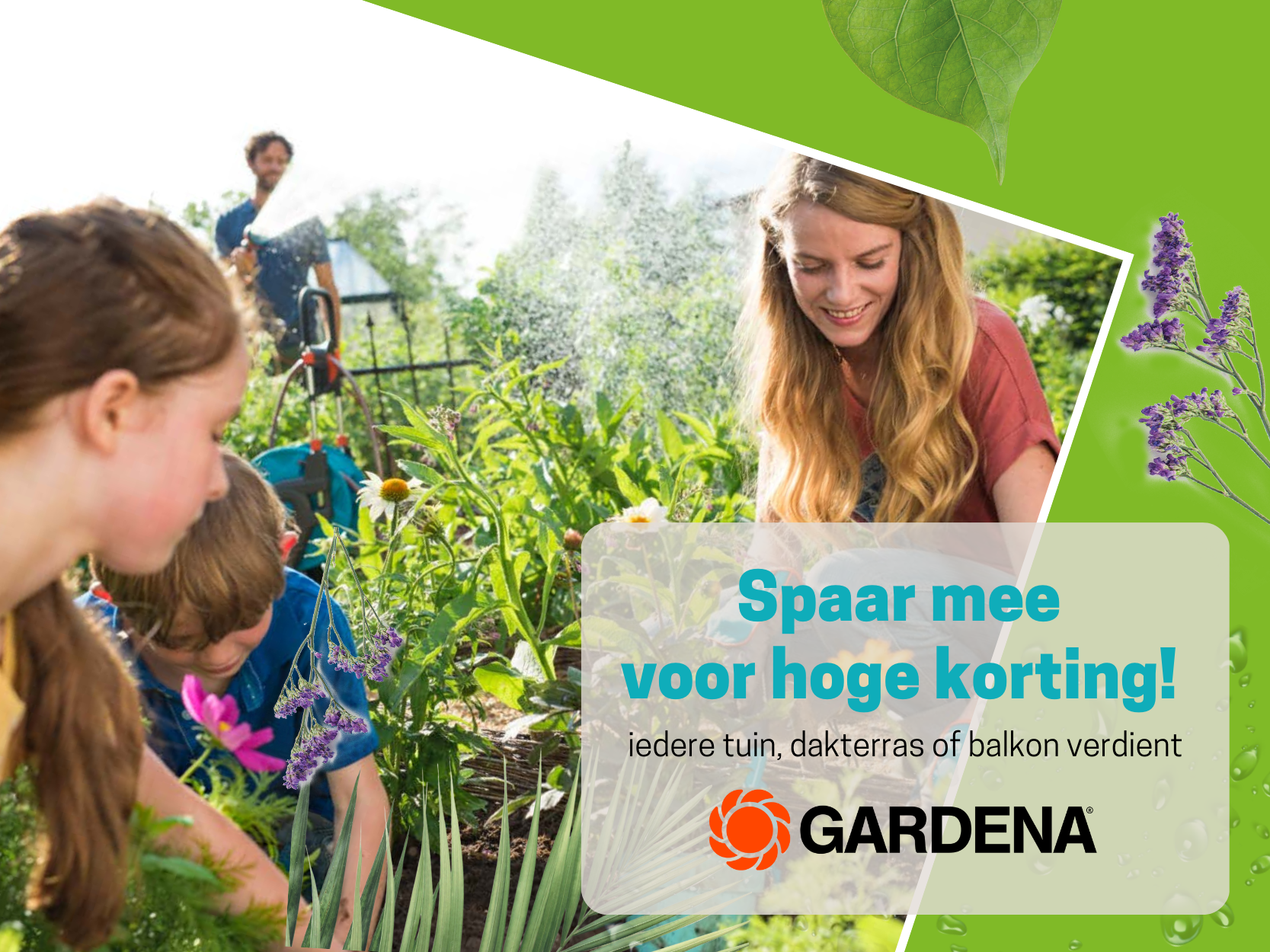 Familie geniet van tuinieren met Gardena-producten in een groene tuin. Promotie voor hoge kortingen via seizoensgebonden acties voor supermarkten. Geschikt voor tuinen, balkons en dakterrassen, opgezet door Local Loyalty Group.